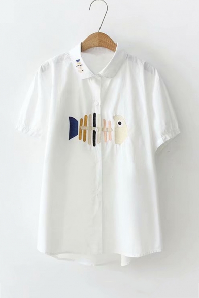 Fish Bone Embroidery Short Sleeve Button-Down Casual Loose Shirt