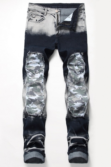 Guys New Fashion Cool Camo Patched Retro Bleach Washed Blue and White Regular Fit Jeans