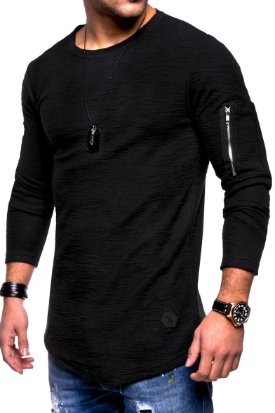 Men's New Fashion Solid Color Zip Patched Long Sleeve Slim Fit T-Shirt