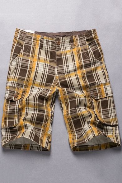 Men's Trendy Check Pattern Button Pocket Cotton Loose Casual Cargo Shorts (Pictures for Reference)