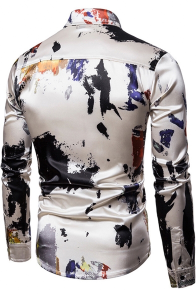Men's Unique Fashion Patterned Basic Long Sleeve Slim Fit White Button-Up Shirt