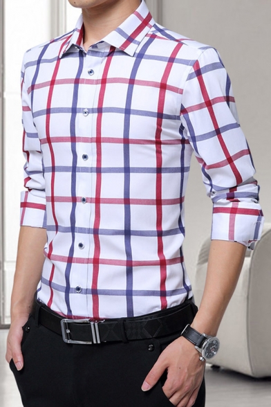 Mens New Stylish Plaid Pattern Long Sleeve Cotton Button-Up Slim Fit Shirt