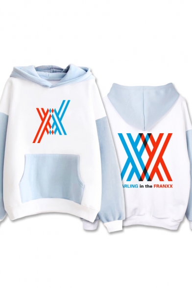 New Trendy Fashion Comic Character Printed Colorblocked Long Sleeve Blue and White Hoodie