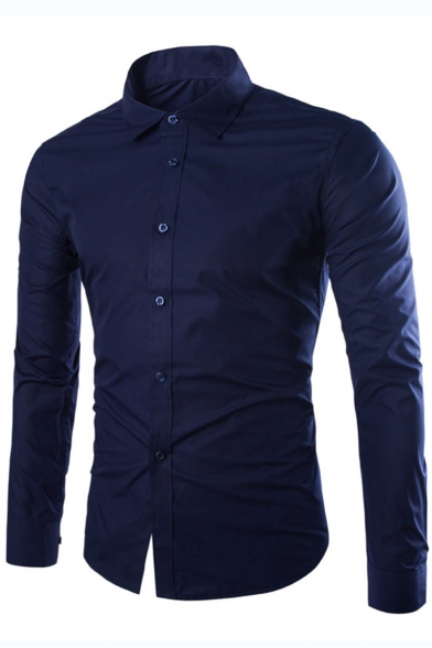 New Trendy Simple Plain Wrinkle-Free Long Sleeve Mens Non-Iron Button-Up Slim Dress Shirt