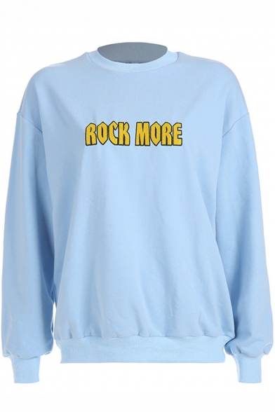 ROCK MORE Simple Letter Printed Mock Neck Long Sleeve Light Blue Sweatshirt