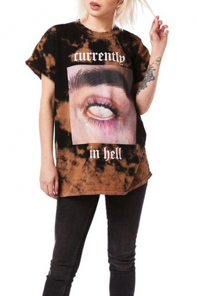 

Street Style Eye Lip Printed Letter BLOOD IN HELL Short Sleeve Loose Longline T-Shirt, LC507587, Coffee;grey