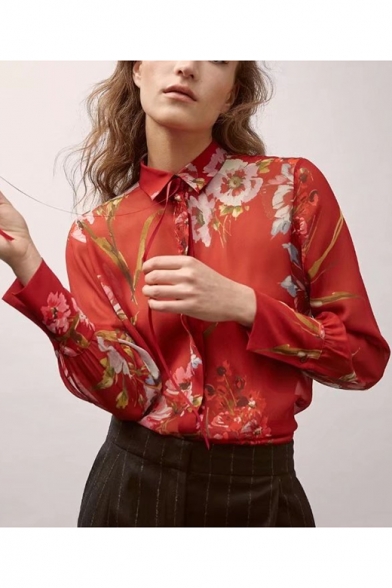 Stylish Floral Print Lapel Bow Tie Neck Button Front Long Sleeve Shirt