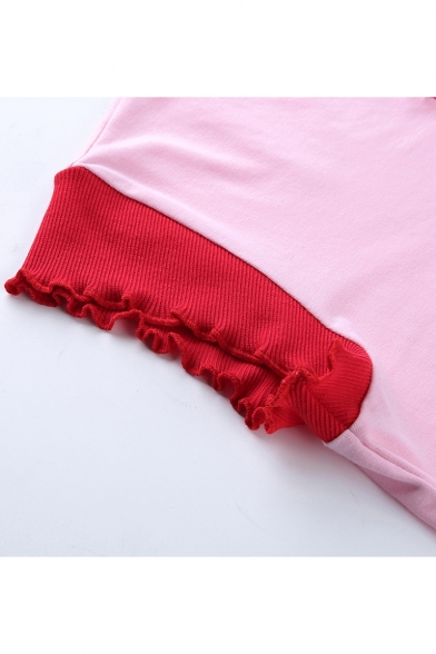 Summer Cute Strawberry Print Contrast Trim Cropped Slim Pink T-Shirt for Girls