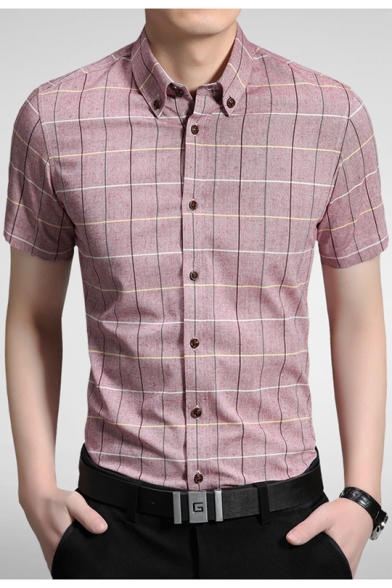 Summer Men's Fashion Plaid Printed Fitted Short Sleeve Cotton Button-Down Business Shirt