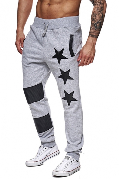 Trendy Five-Point Star Print Patched Detail Drawstring Waist Casual Sport Sweatpants for Men