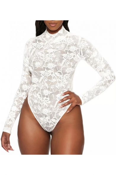 Women's Mock Neck Long Sleeve Slim Fit White Hollow Out Lace Bodysuit
