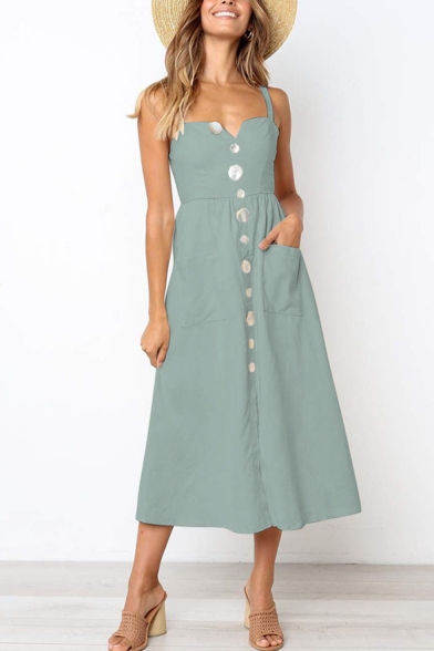 Womens Fashion Simple Plain Button Down Midi A-Line Cami Dress with Pocket