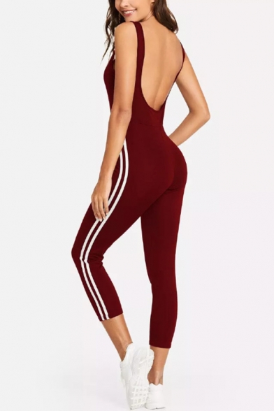 Womens New Stylish Stripe Side Backless Scoop Neck Sleeveless Slim Fitness Jumpsuits