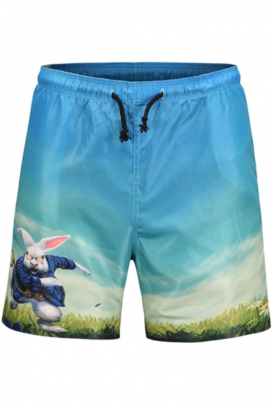 Cartoon Rabbit Print Blue Quick Dry Men's Beach Board Shorts with drawstring