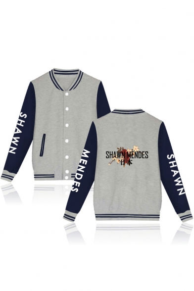 Color Block Floral Letter Printed Long Sleeve Rib Trim Single Breasted Stand Collar Baseball Jacket