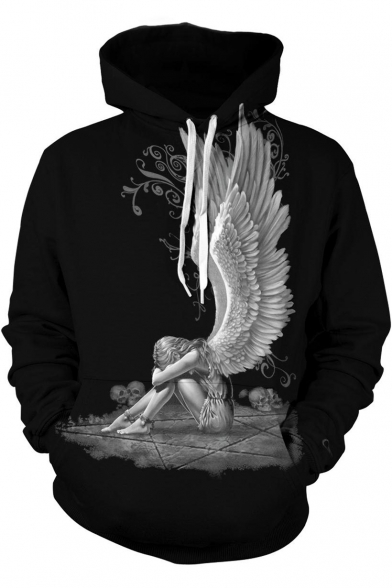 Cool Unique Skull Angel 3D Printing Loose Relaxed Black Hoodie