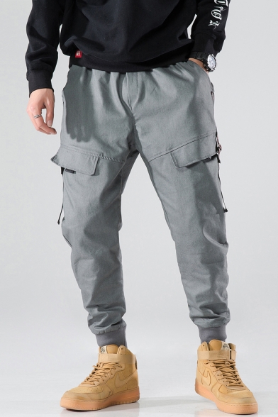 Guys Cool Letter Tape Side Flap Pocket Elastic Waist Loose Casual Grey Cargo Pants