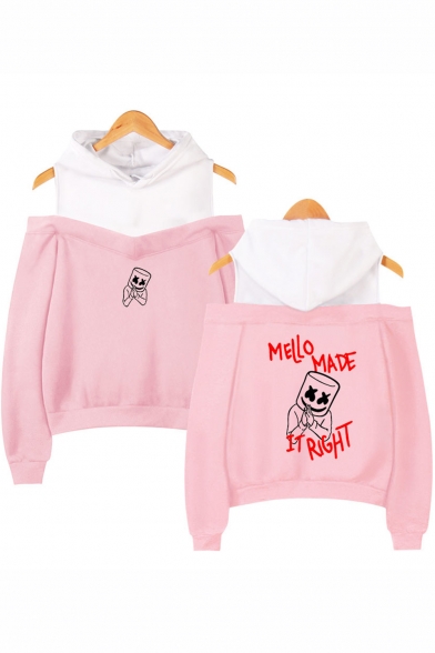 Marshmello Funny Letter MELLO MADE IT RIGHT Print Cold Shoulder Casual Pullover Hoodie