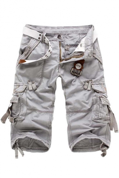 Men's Cool Simple Plain Outdoor Washed Color Ribbon Detail Casual Loose Cargo Shorts