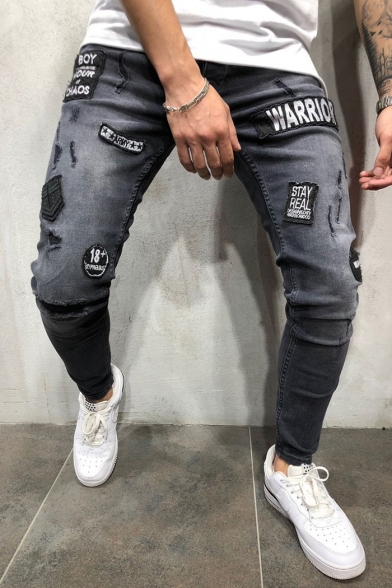 Men's Cool Street Letter WARRIOR Badge Patched Grey Skinny Fit Jeans (Pictures for Reference)