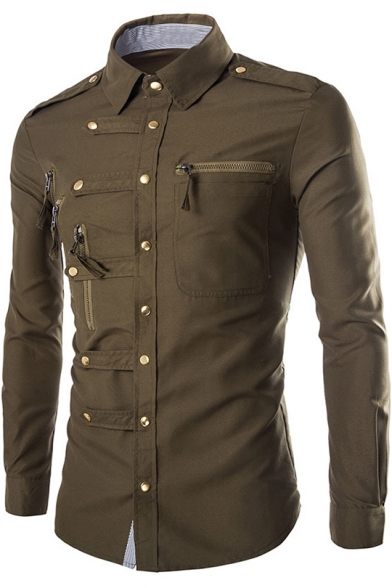 Men's Cool Stylish Multi-Zip Button Embellished Shoulder Strap Detail Long Sleeve Plain Fitted Shirt