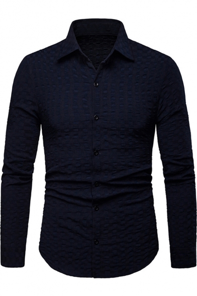 Men's New Trendy Unique Dark Lattice Solid Color Long Sleeve Fitted Business Shirt