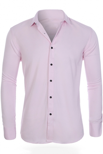 Mens Fashion Basic Simple Plain Spread Collar Long Sleeve Button-Up Wash and Wear Slim Shirt