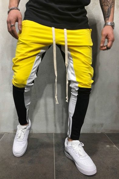 Mens Hip Hop Style Drawstring Waist Fashion Colorblocked Sporty Skinny Yellow and Black Pencil Pants