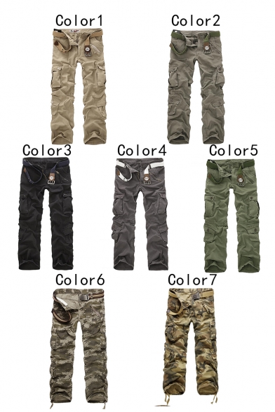 Mens New Trendy Simple Plain Multi-Pocket Casual Straight-Leg Cotton Cargo Pants