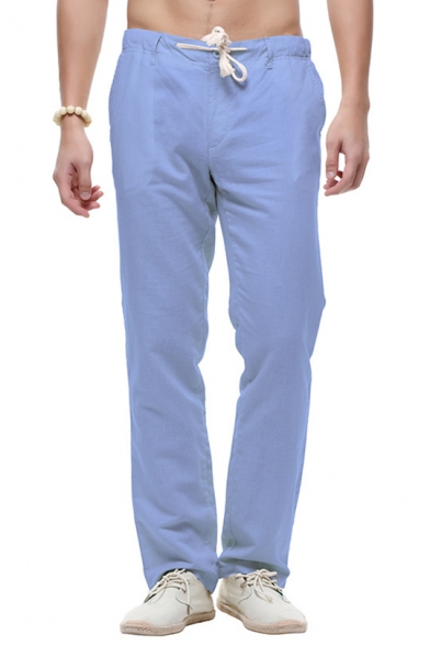 Mens Retro Chinese Style Tied-Waist Simple Plain Loose Fit Straight Linen Pants