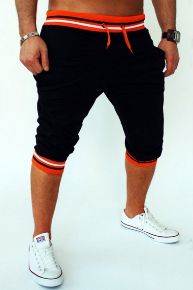 New Fashion Mens Contrast Stripe Trim Drawstring Waist Stretch Cropped Skinny Pencil Pants