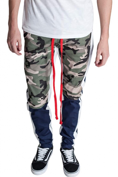 New Stylish Camo Printed Zip-Embellished Cuff Drawstring Waist Skinny Sporty Pencil Pants