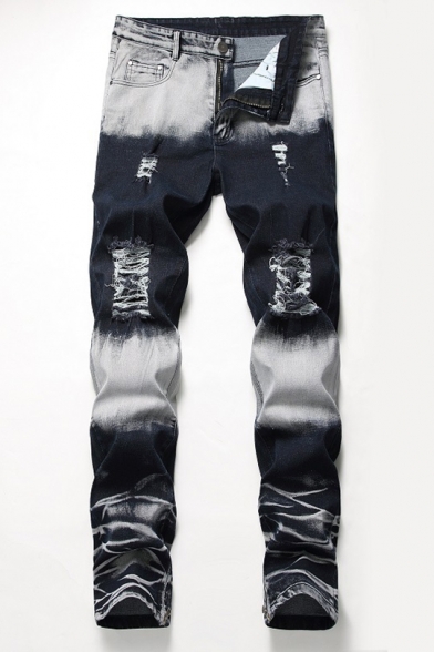 New Stylish Retro Bleach Washed Zipper Cuff Stretch Regular Fit Blue and White Ripped Jeans