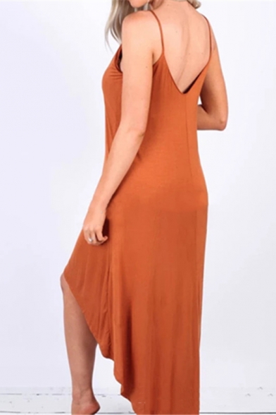 New Trendy Spaghetti Straps Simple Plain Maxi Casual Loose Asymmetrical Slip Dress