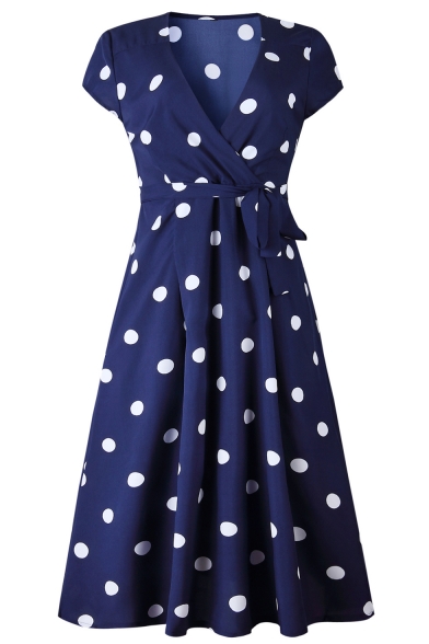 Polka-Dot Print Plunge Neck Knotted Waist Short Sleeve Midi A-Line Dress