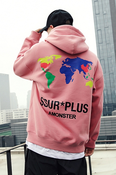 Simple Letter SSUR Plus Colorful Map Printed Guys Hip Hop Fashion Unisex Pullover Hoodie
