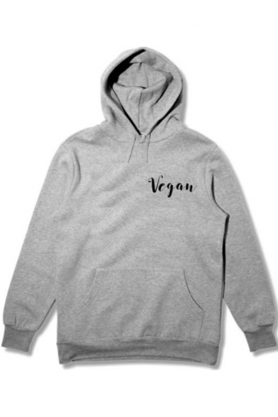 Simple Letter VEGAN Pattern Relaxed Fit Long Sleeve Pullover Grey Hoodie