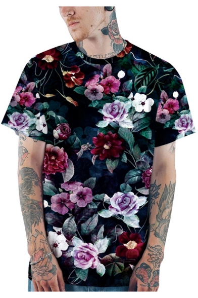 Stylish 3D Floral Printed Basic Short Sleeve Loose Fit Navy T-Shirt
