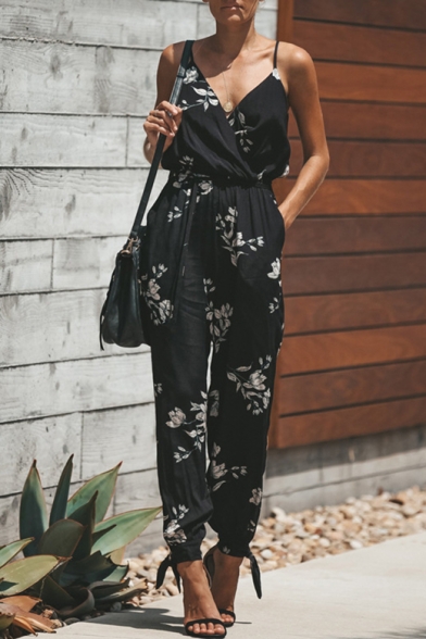 Summer Fashion Floral Pattern V-Neck Sexy Split Side Gathered Cuff Cotton Jumpsuits