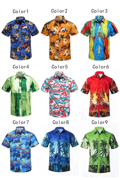 Summer Fashion Holiday Tropical Palm Tree Print Short Sleeve Shirt for Guys