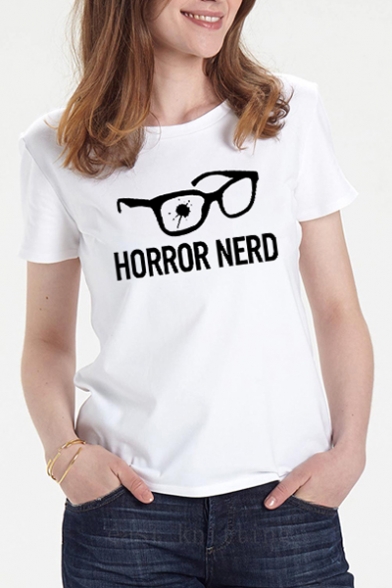 Summer New Stylish Letter HORROR NERD Glasses Print Cotton T-Shirt