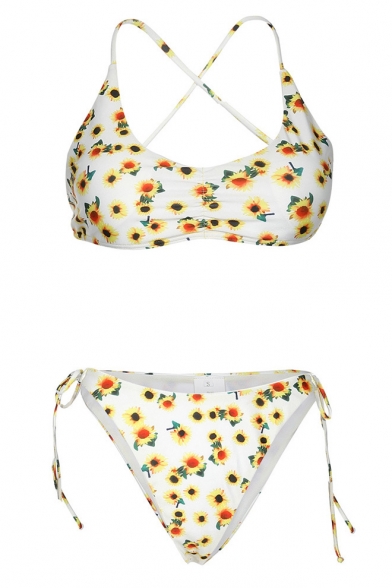 Summer Sexy Sunflower Printed Halter Neck Beach White Bikini Swimwear