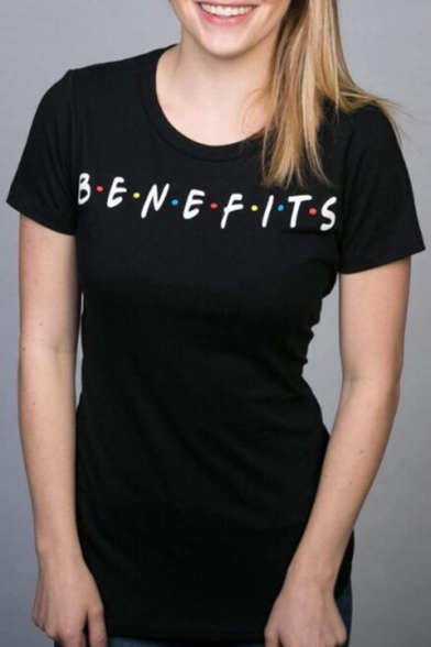 Summer Simple Letter BENEFITS Print Round Neck Short Sleeve Black Fitted T-Shirt