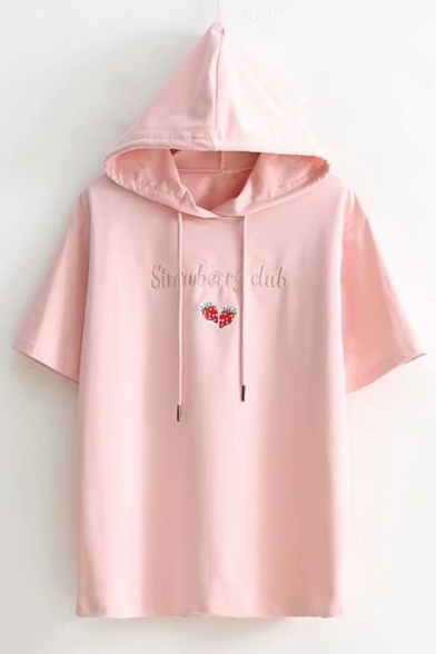 Summer Simple Letter Fruits Embroidered Short Sleeve Drawstring Hooded Casual T-Shirt