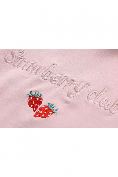 Summer Simple Letter Fruits Embroidered Short Sleeve Drawstring Hooded Casual T-Shirt
