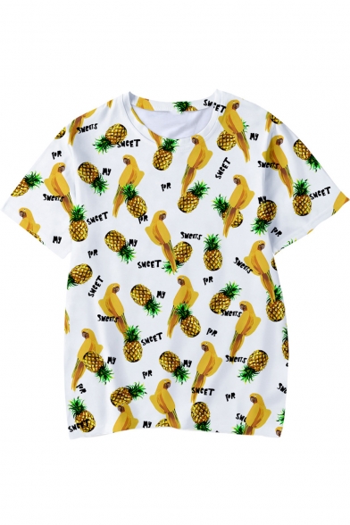 Summer Street Style Fashion Allover Bird Pineapple Pattern Short Sleeve White T-Shirt