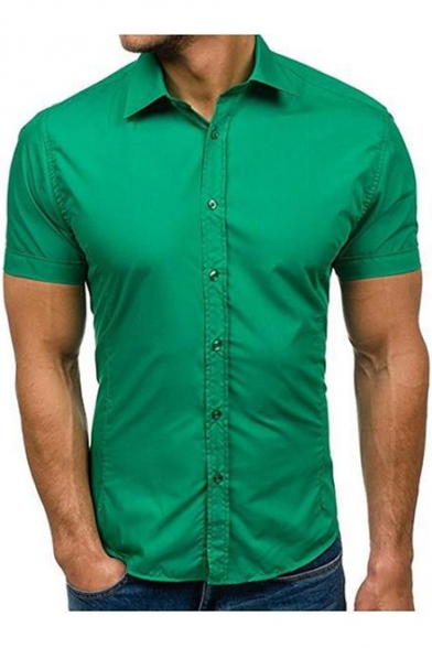 Basic Simple Plain Men's Slim Fitted Button-Up Short Sleeve Cotton Shirt