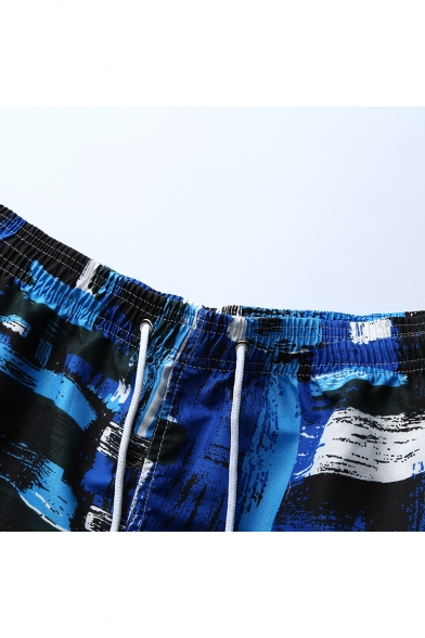 Blue Casual Printed Pocket Loose Relaxed Drawcord Beach Shorts for Men
