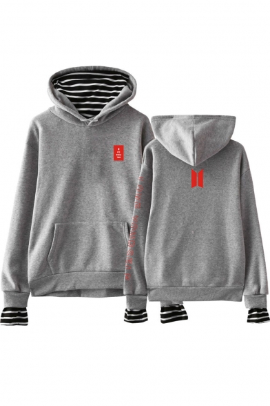 Boy Band LOVE YOURSELF Logo Stripe Patched Long Sleeve Relaxed Fit Hoodie