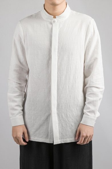 Men Linen Grandad Collar Shirt Retro Chinese Suit Button Down Slim Fit Top Solid